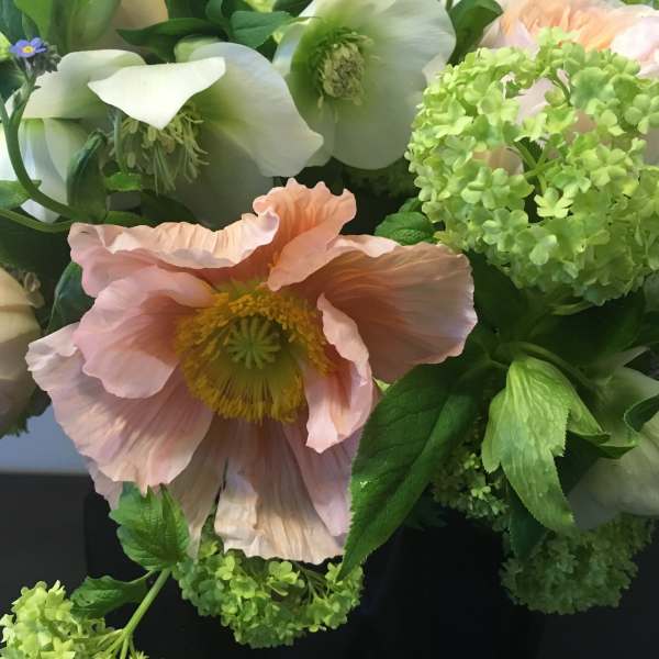 Bouquet of pale pink and white flowers with bright green blooms