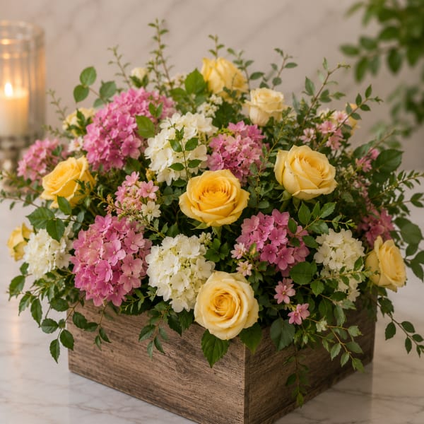 Yellow roses and pink-white hydrangeas in a wooden box