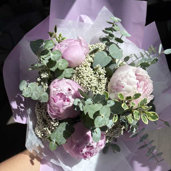 Pink peonies with eucalyptus in lavender wrapping paper