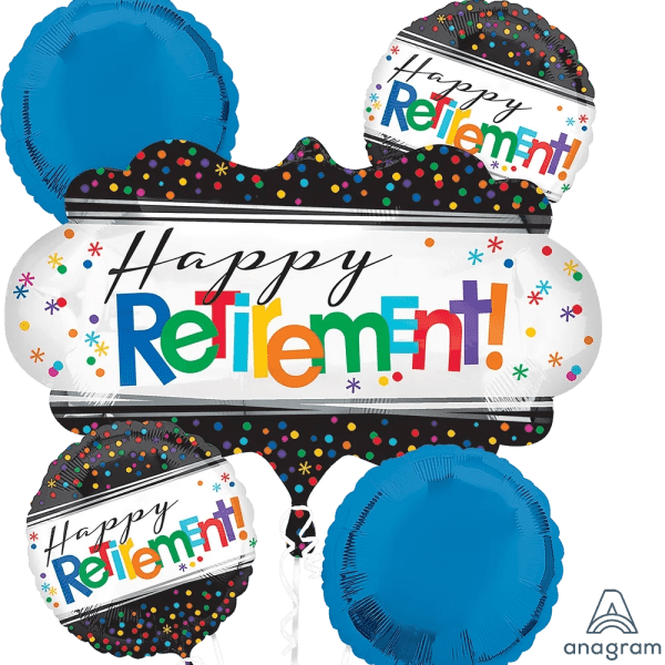 Happy Retirement foil balloon bouquet with blue round balloons