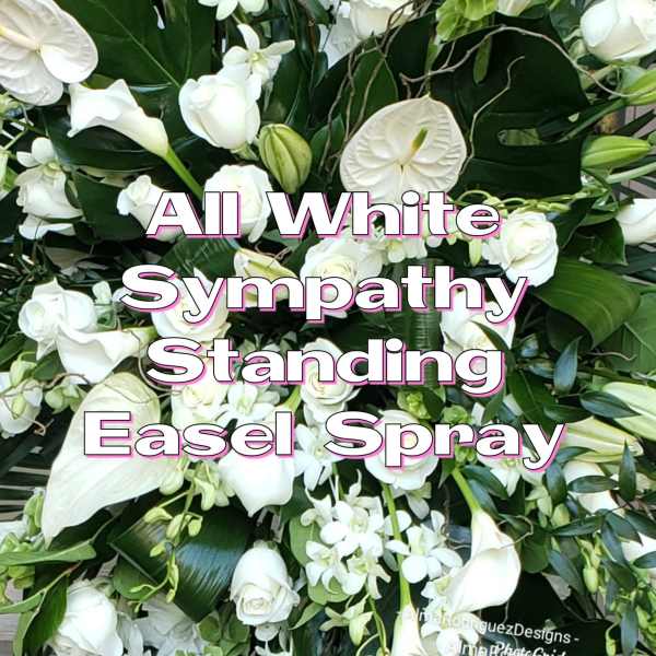 White sympathy standing spray with roses, calla lilies, and orchids