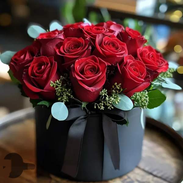 Red roses arranged in a black round box with a ribbon