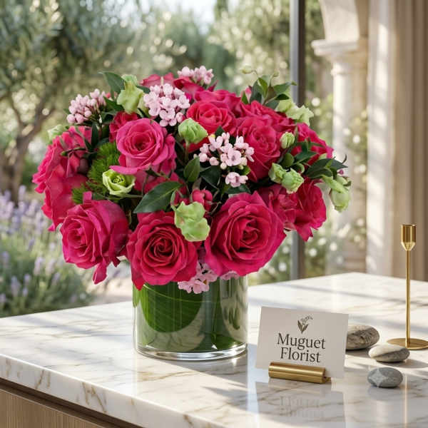 Pink rose bouquet in a clear glass vase with small pale pink filler flowers