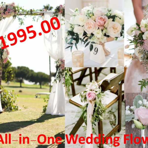 Wedding floral collage with bouquets, boutonnieres, and a tiered cake