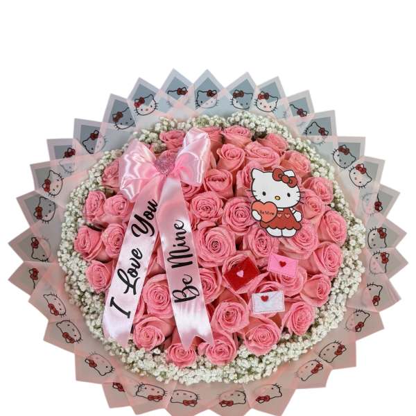 Pink rose bouquet with Hello Kitty wrapping and a satin ribbon