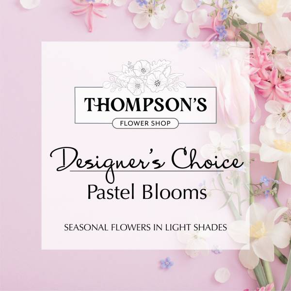 Graphic for pastel designer’s choice flowers with light pink and white blooms on a pink background