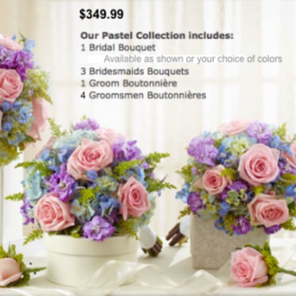 Pastel bridal bouquets with pink roses and purple-blue flowers