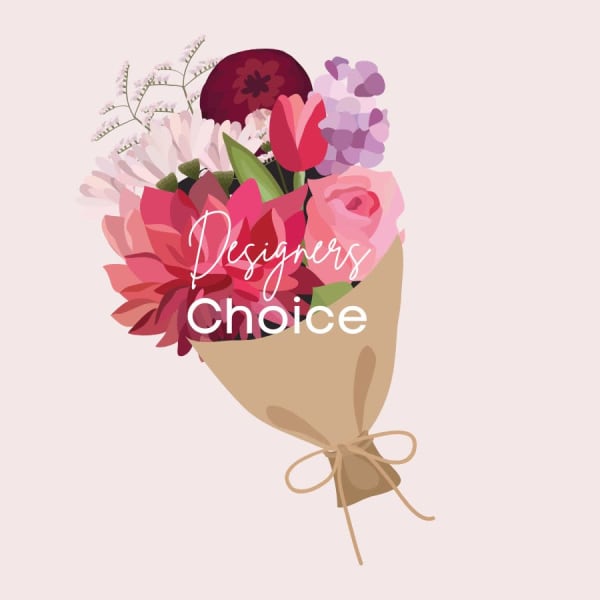 Illustrated bouquet of pink and purple flowers wrapped in tan paper