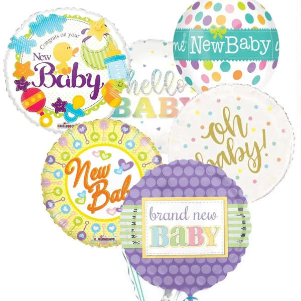 Cluster of colorful baby-themed balloons with assorted congratulatory messages