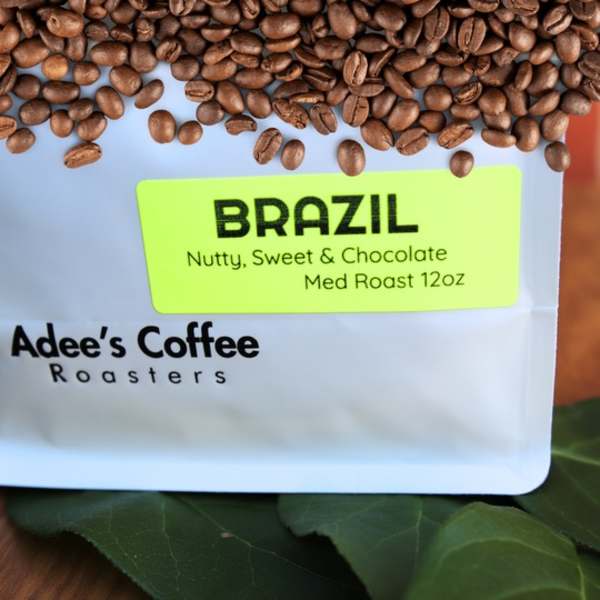 Bag of Brazil medium roast coffee beans with a bright label