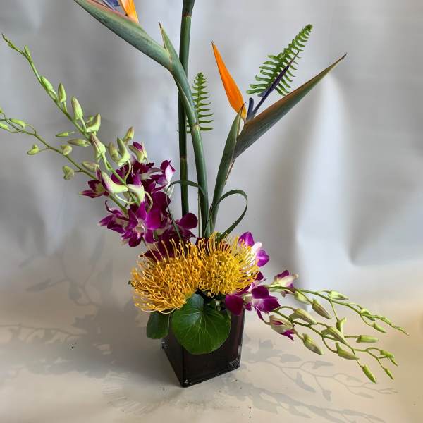 Tall tropical arrangement with orange bird of paradise and purple orchids in a black vase