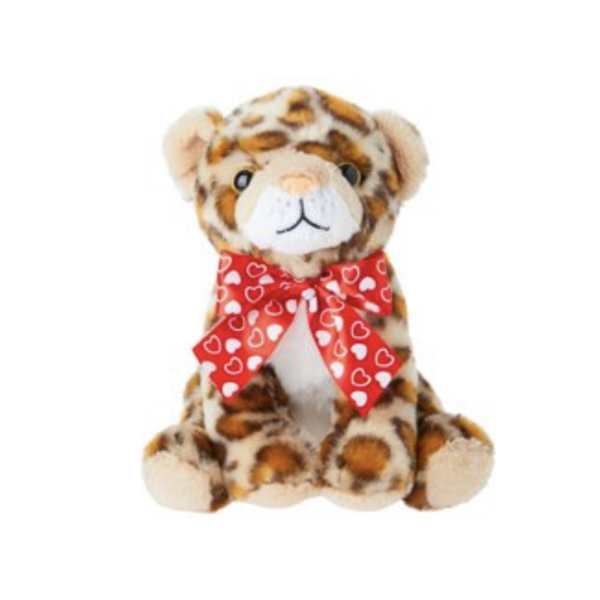 Plush leopard-print teddy bear with a red heart-patterned bow