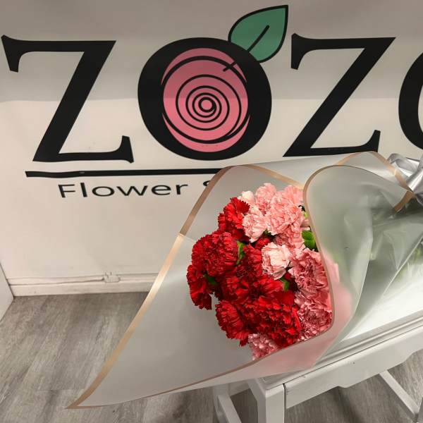 Bouquet of red and pink carnations wrapped in translucent paper