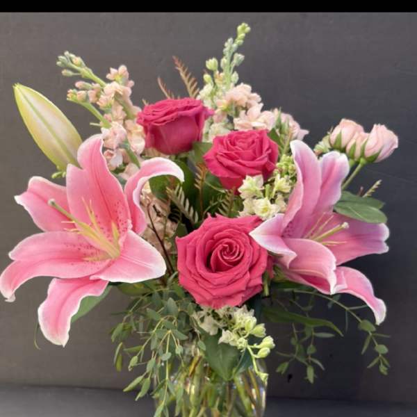 Fragrant Vase of Lilies and Roses