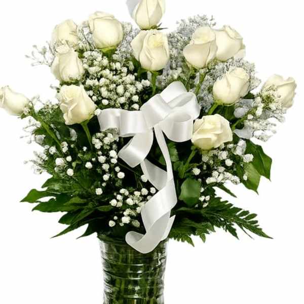 Dozen Long Stemmed White Roses with Baby's Breath