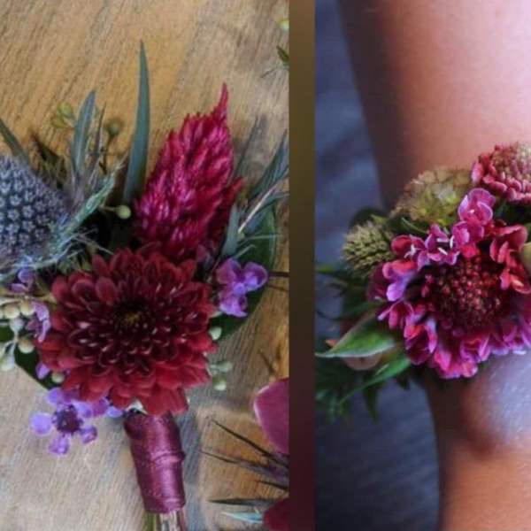 Corsage & Boutonierre - Burgundy Bliss, Maroon - Prom or Weddings
