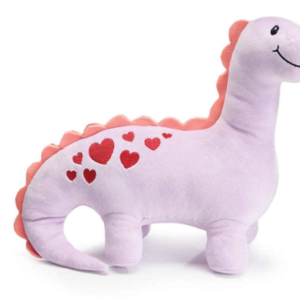 Pink dinosaur plush toy with red heart accents