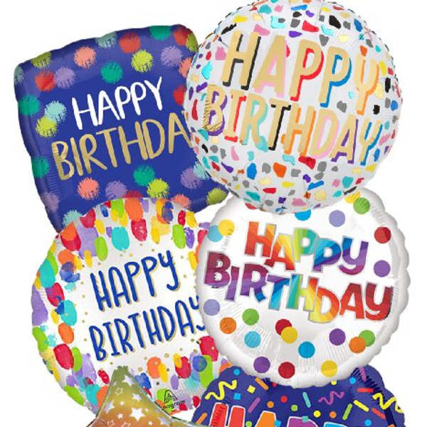 Cluster of colorful birthday balloons with curled ribbons