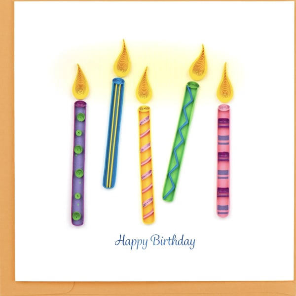 Birthday card with five colorful quilled candles and a Happy Birthday message