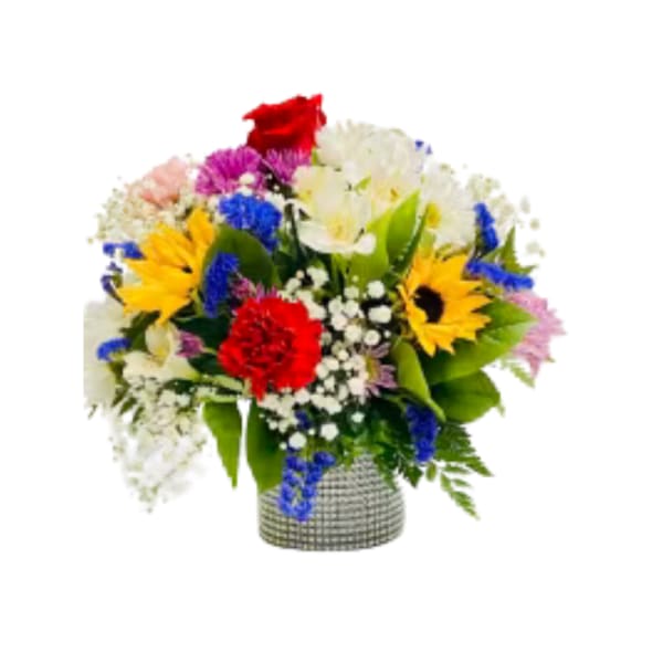 Colorful mixed flower arrangement in a textured vase