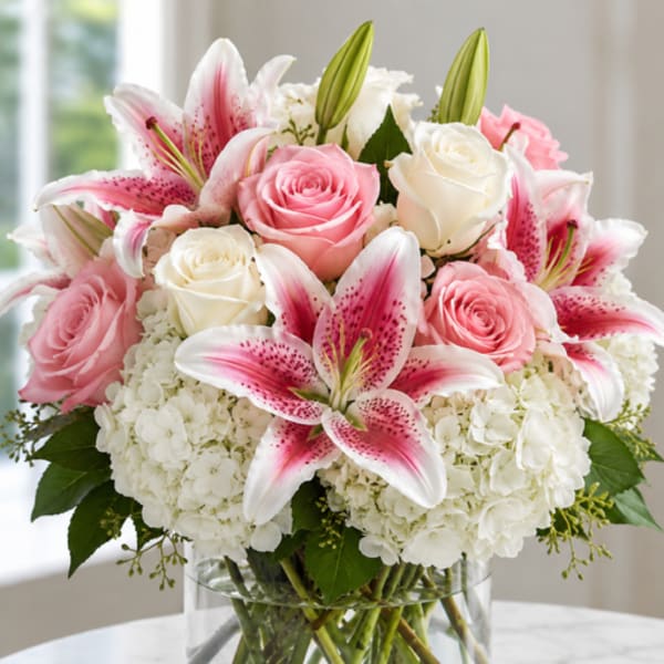 Pink roses and stargazer lilies in a clear glass vase