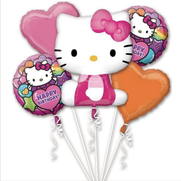 Hello Kitty birthday balloon bouquet with pink and orange balloons