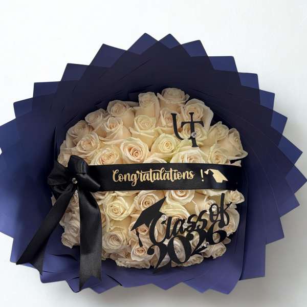 graduation white roses & Blue Paper