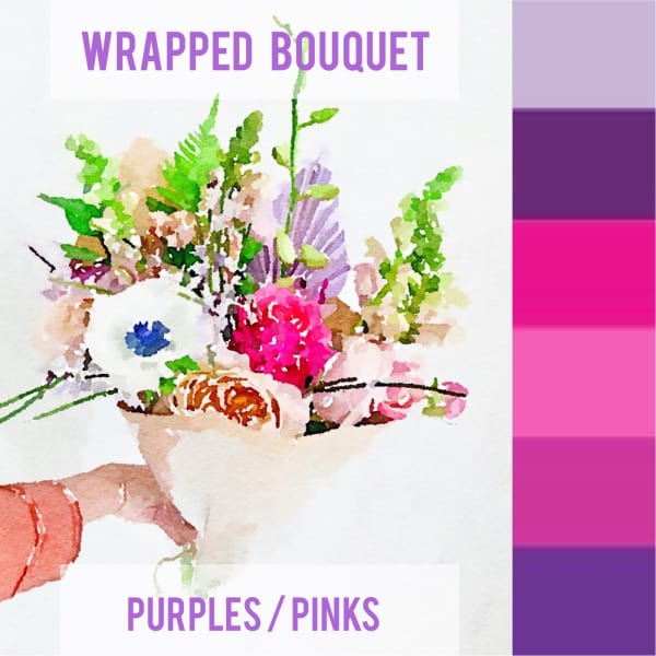 Wrapped bouquet of pink and purple flowers with green accents