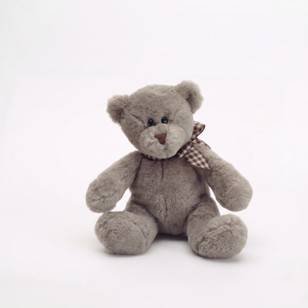 Gray teddy bear with a checkered ribbon sitting on a white background