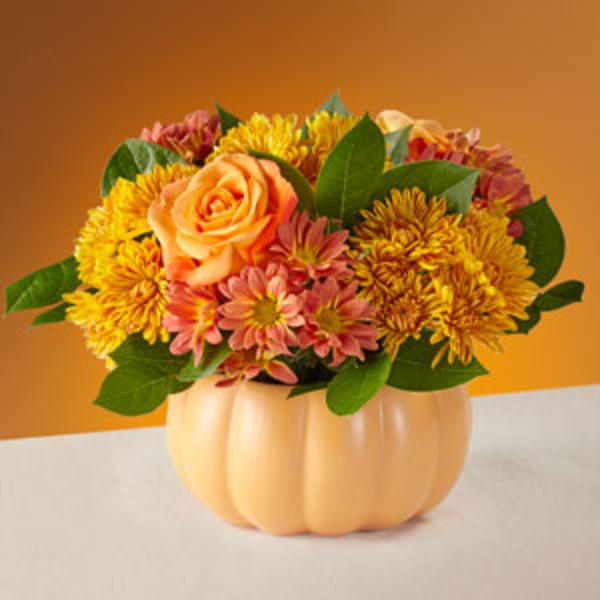 Bouquet of orange roses and yellow mums in a pumpkin-shaped vase