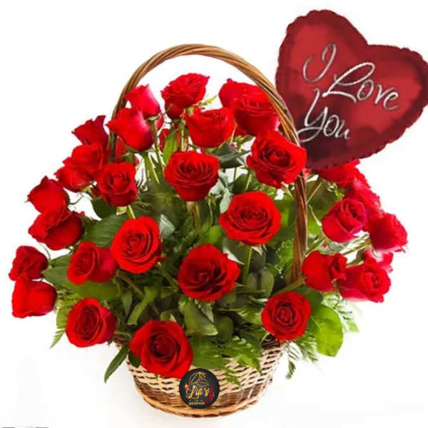 Basket of red roses with a heart-shaped "I Love You" sign