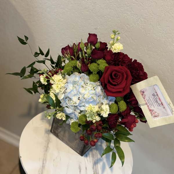Crimson Elegance | Luxury Red Roses & Blue Hydrangea Arrangement