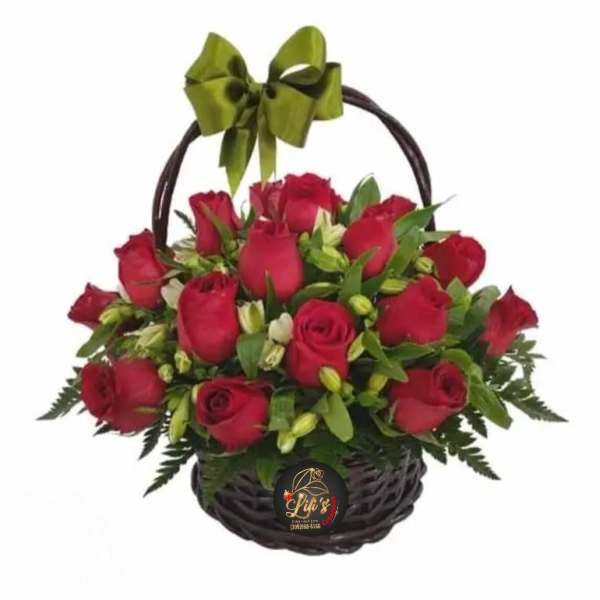 Basket of red roses with a green bow