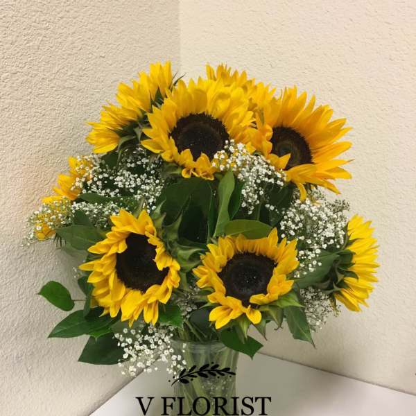 Clear vase arrangement of yellow sunflowers with white filler flowers