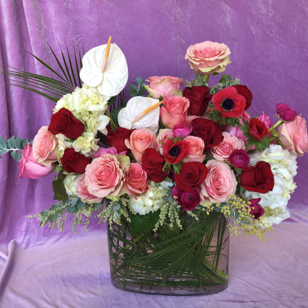 Mixed pink and red rose arrangement in a clear glass vase with white anthuriums