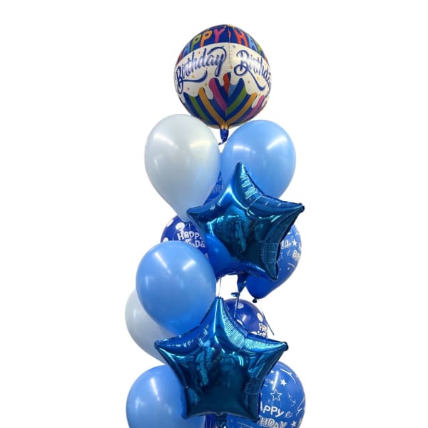 Cluster of blue birthday balloons with two star-shaped foil balloons