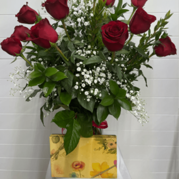 Red Roses Long Stem & 1/2- Pound Box Of Gourmet Chocolate Combo