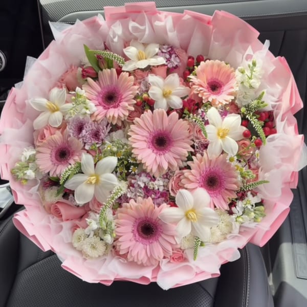 Pink bouquet with gerbera daisies and white flowers wrapped in pink paper