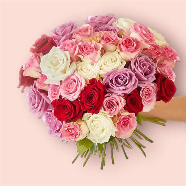 Bouquet of pink, red, and white roses