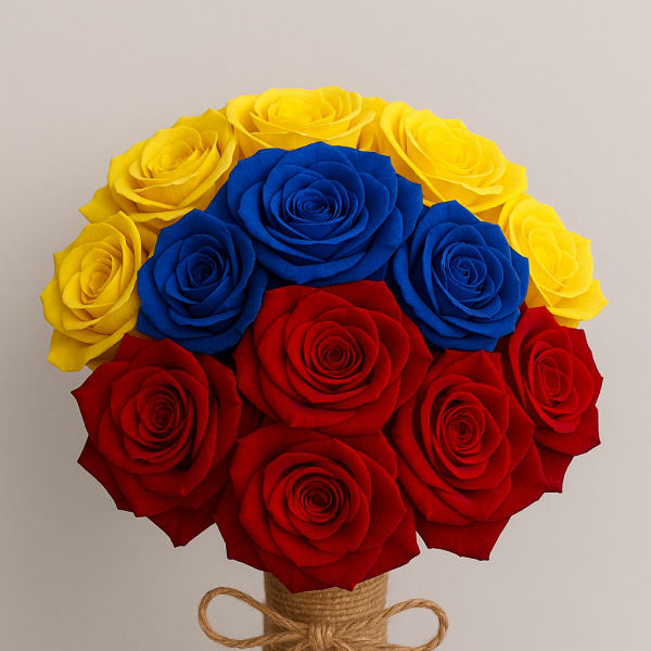 Bouquet of red, blue, and yellow roses tied with twine