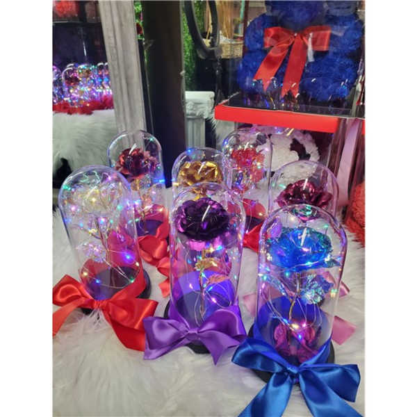 Clear domes with preserved roses and LED lights, each tied with a satin bow