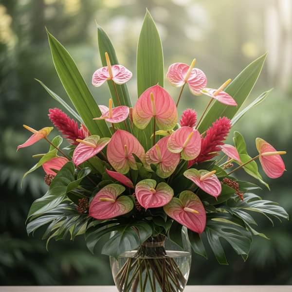 Pink anthuriums arranged in a clear glass vase with tropical leaves