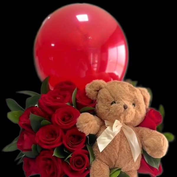Red roses with a teddy bear and red balloon in a black box