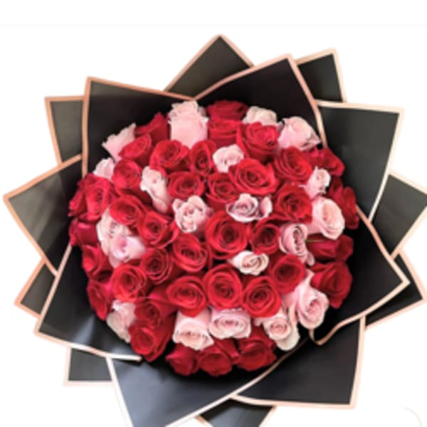 Bouquet of red and pink roses wrapped in black paper