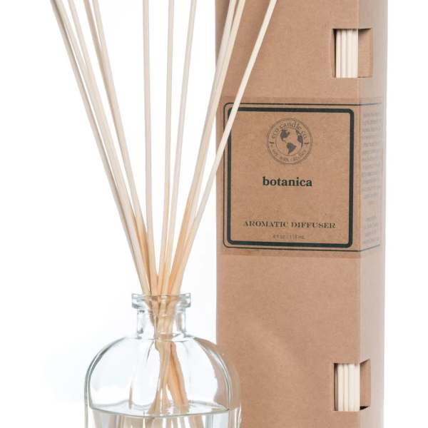 Reed diffuser in a glass bottle with a cardboard box