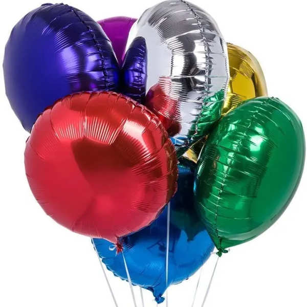 Cluster of shiny metallic balloons in red, blue, green, gold, silver, and purple