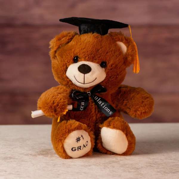 Plush brown teddy bear in a graduation cap holding a small diploma scroll