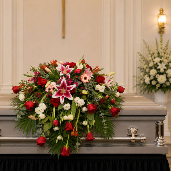 K634 Red & White Mixed Casket Spray