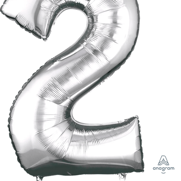 Silver foil balloon shaped like the number 2