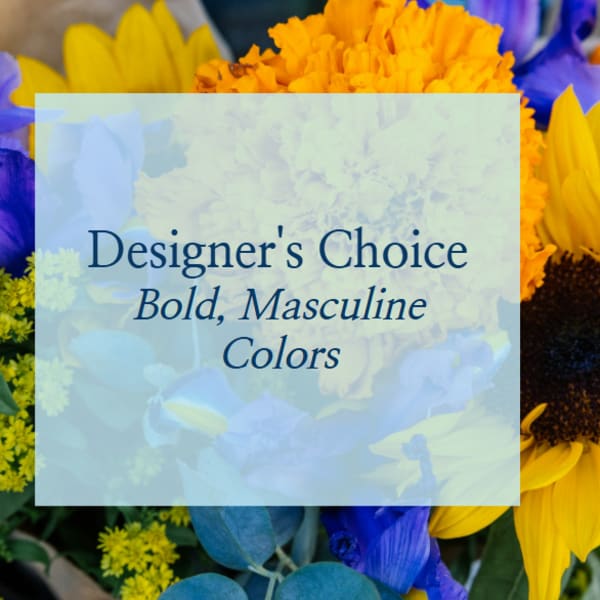 Mixed bouquet with yellow sunflowers, blue flowers, and orange blooms